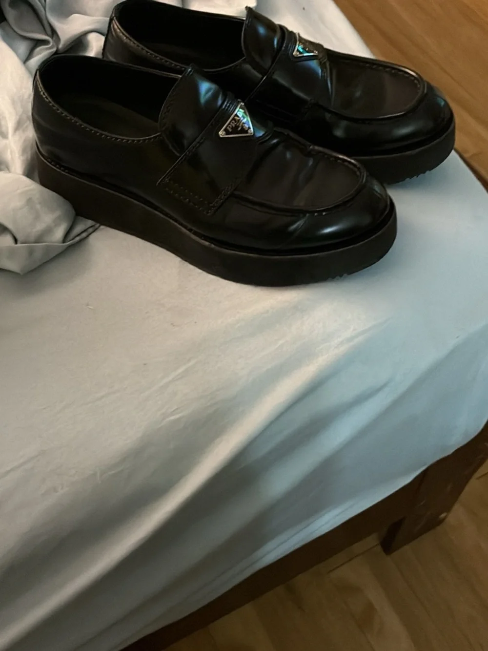 Prada Black Leather Platform Penny Loafers with Triangle Logo